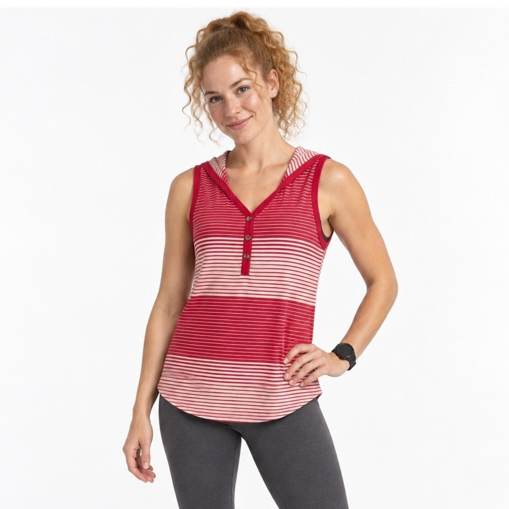 prAna Twisted Shoulder Striped Henley Tank XS Red Cream Gorpcore Yoga Outdoor